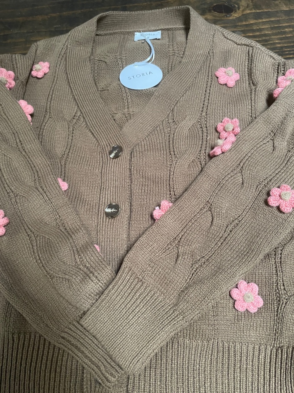 Storia Brown Cable Knit Cardigan with Pink 3D Embroidered Flower Accents - Picture 10 of 11